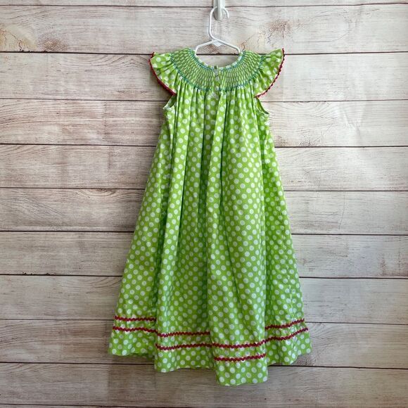 STITCHED AND SMOCKED GREEN AND WHITE POLKA DOT DRESS WITH EMBROIDERED‎ LADYBUGS - Picture 4 of 9